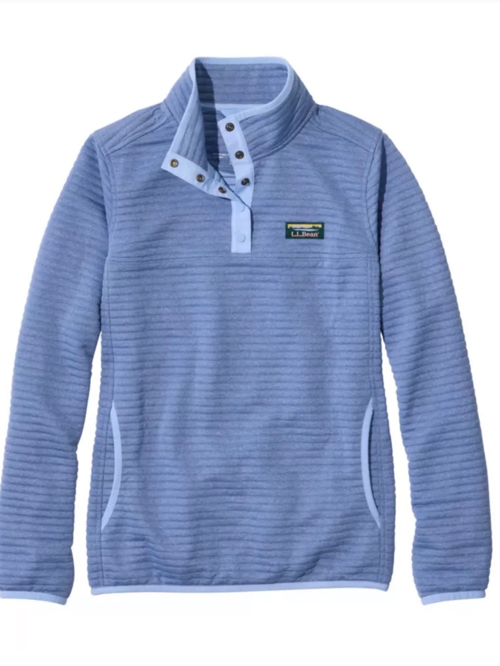 LLBean Women's Airlight Knit Pullover blue with navy trim pockets size M Reg